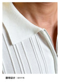 Zipper Knitted Short-sleeved Polo Shirt Men Summer American Retro Commuting Loose Vertical Striped Pit Strip Lapel T-shirt Men