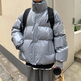 New Winter Stand Collar Loose Bright Leather Fabric Puffer Jacket Men Couple Thick Warm Cotton Padded Coat Men's Warm Parkas