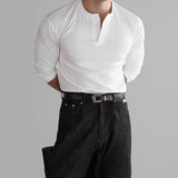 New American Fashion Men Henry Collar T-shirt Light Luxury Solid Color Long Sleeve Tops Leisure Light Business Basic Shirt M-3XL