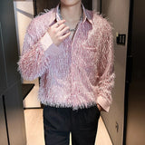 Off White Long Sleeved Shirt Men Fashion Society Mens Dress Shirt Korean Loose Casual Shirt Mens Pink Tassels Shirts M-2XL