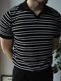Vintage Striped Knit Polo Shirts Men Short Sleeve Casual Tops Spring Summer Mens Fashion Buttoned Turn-down Collar Slim T Shirt