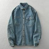 Heavy vintage washed vertical stripe denim shirt men's loose size cotton long sleeve shirt jacket