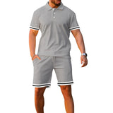 Summer Men's Sports Suit Lapel Button Striped Patchwork Short Sleeve Polo Shirt And Shorts Suit Casual Plus Size Men's Clothing
