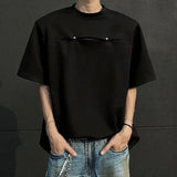 Patchwork Summer T-shirts Round Collar Double Button Korean Structure Striped Short Sleeve Shoulder Padded Male Tees