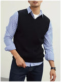 New Popular Preppy Style Men Sweater Vest Casual Knitted Streetwear Solid Color V Neck Waistcoat Leisure High Quality Knitwear