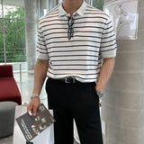 Summer Men's Clothing Leisure Light Luxury Knitted Polo Shirt Korean Striped Short Sleeve Retro Breathable Fashion Knitwear