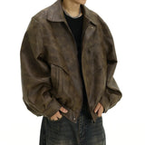 Men's Leather Jacket American style Retro Brown Make old Coat High Street fashion Casual Baggy Polo collar Jacket for men