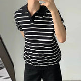 Summer Men's Clothing Light Luxury V Neck Knit Polo Shirt Korean Striped Short Sleeve Retro Fashion Leisure Slim Knitwear