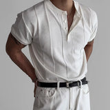 Spring Summer Casual Mens Knitted Tees Vintage Pleated Solid Color Knit T Shirt For Men Stylish Button O Neck Knitted Tops