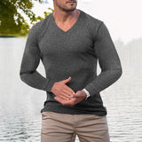 Spring Casual Mens Slim Fit V Neck T-shirts Fashion Solid Color Knitted Ribbed T Shirt Men Leisure Long Sleeve Knit Pullovers