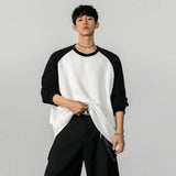 Spring Long Sleeved T-shirt Men Fashion Casual Round Neck T-shirt Men Streetwear Korean Loose Pleated T Shirt Mens Top M-3XL