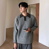 Winter Men's Trending Knitted Lapel Sweater Light Luxury Leisure Patchwork Long Sleeve Pullover Japanese Retro Loose Knitwear
