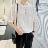 Solid Color New Casual O-neck Short Sleeved Summer Korean White Black Chiffon Trend Slim Supple Men's Clothing