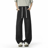 Washing Men's Denim Pants Drawstring Solid Color Casual Elastic Waist Streetwear Wide Leg Loose Male Simple Jeans