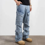 Cyber Y2K Stresswear Washed Blue Pleated Baggy New Jeans Cargo Pants For Men Designer Clothes Multi Pockets Denim Trousers