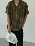 Casual Shirts Men Summer Japanese Style Harajuku Loose Short Sleeve Streetwear Handsome Slouchy Striped Clothing Chic Cozy Daily