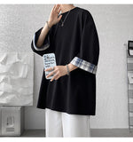 men t shirts Loose Summer Men's T-shirts Women Oversized Korean Style Plaid T-shirt Casual Seven sleeves T-Shirt Male White