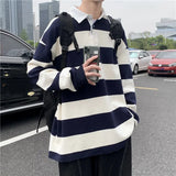 Spring Autumn Men's Long Sleeve Polo Shirt Loose Fit Stylish Brand Lapel Polo Top Versatile Stripe Patterned Men's Wear
