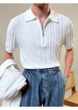 Zipper Knitted Short-sleeved Polo Shirt Men Summer American Retro Commuting Loose Vertical Striped Pit Strip Lapel T-shirt Men