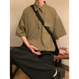 Korean Style Mens Cargo Shirt Men Casual Shirt Solid Short Sleeve Shirts Black Men's Fashion Brand Summer Man Blouse Male Top