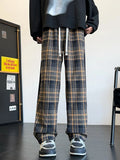 Men's Fashion Plaid Casual Pants Baggy Straight High Street Trousers Elastic Waist Drawstring Classic Male Clothing Trendy Brand