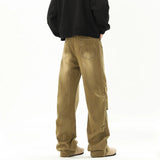Distressed Denim Pants Vintage Blue Men's Side Pleated Jeans Straight Loose Mopping Pants Male Casual Simple Daily Streetwear