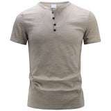 Men's Henry Collar Cotton Short Sleeve T-shirt Casual Solid PoIo Shirt Male Cozy Tees Slim Fit Dailywear Button Up Basic Tops