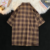 Plaid Shirts Men Preppy Summer Thin Harajuku Breath Baggy Korean Fashion Vintage Clothes Camisas De Hombre Handsome All-match