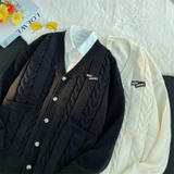 Letter Twists Cardigan Sweater Men New Preppy Grunge Cityboy Knit Jacket Japan Couple Casual V-neck Sweater Coat
