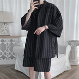 Summer Shirt Set Men Oversized Fashion Society Mens Black Formal Sets Korean Loose Casual White Striped Set Mens Plus Size 5XL