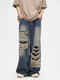 Y2K Man Jeans Korean retro hole repair jeans mens new American style high street loose straight wide leg mopping trousers