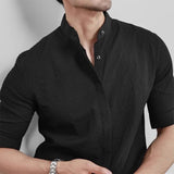 New Men Fashion Seersucker Shirts Half Sleeve Stand Collar Casual Drapped Solid Color Button-down Cardigan Business Style Tops