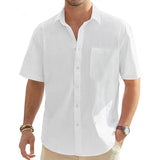 Men's Cotton Linen Short Sleeve Shirts Casual Lightweight Button Shirts Vacation Beach Summer Tops with Pocket