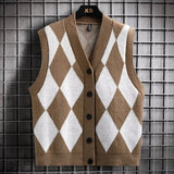 Man Clothes Vest Sleeveless Argyle Waistcoat Knitted Sweaters for Men Blue Plaid Y2k Vintage Long Sleeve 100% Sheap Sweat-shirt