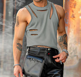 Men T Shirt Solid Color O-neck Short Sleeve Hollow Out Irregular Vests Streetwear Sexy Fashion Summer Men Clothing