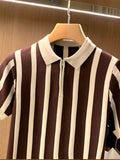 Striped Zipper Short Sleeve T-shirts For Men Casual Turndown Collar Shirts Male Summer Fashion Comfortable Soft Men's Clothing