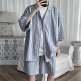 Summer Shirt Set Men Oversized Fashion Society Mens Black Formal Sets Korean Loose Casual White Striped Set Mens Plus Size 5XL
