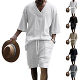 New Summer Men's Set Loose Casual Sports Suit High-quality Jacquard V-neck Short-sleeved Shorts Two-piece Men's Clothing
