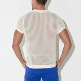 Spring Summer Mens Sexy Tops See Through Hollow Out Knitted Mesh Shirt Fashion Loose Breathable Knit Polo Shirts Men Streetwear