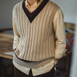 Retro Ivy Knit V-Neck Sweaters Vest Color-Block Sleeveless Classic Versatile Men's Khaki Tops with Preppy Style for Autumn