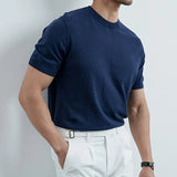 Summer Casual Mens Ice Silk Knit Tops Leisure Breathable Solid Color Slim Knitting T Shirts Men Fashion Short Sleeve Tees