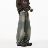 Mens Loose Straight Wide Leg Jeans Distressed Washed Vintage Oversized Floor Length Denim Pants Casual Streetwear Trendy