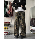 Trendy Leopard Print Jeans Man pants fasnion unisex American High Street Trousers Harajuku Style Baggy High Waist Casual Pants