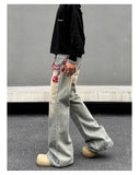American retro men and women trend personalized embroidered straight leg washed jeans couple spring and autumn casual pants y2k