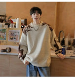 Korean street style men and women trendy personality contrasting color round neck sweater couple winter loose casual knitted top
