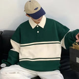 Contrast Color Sweatshirts Men All-match Loose Striped Fashion Turn-down Collar Comfortable Warm Daily Streetwear Chic Leisure