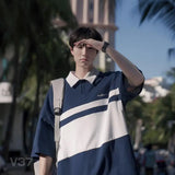 Men's Japanese Retro Polo Shirt Short Sleeved T-shirt Summer Thin Style College Style Casual Lapel Five Quarter Sleeved Top