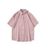 Summer men Short Sleeve Shirt For Men Striped Loose Polos Lapel Shirts New unisex High Street Pocket Blouse Couple shirt