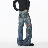 Jean Men Unique Design Graffiti Street Style Drag Jeans Urban Trendy Fashion Distressed Long Fit Casual Denim Pants Edgy Hip Hop