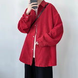 Pineapple Velvet Men's Casual Long Sleeve Button Shirt Coat Outwear Autumn Turn Down Collar Oversize Shirts Red/Black/Dark Gray